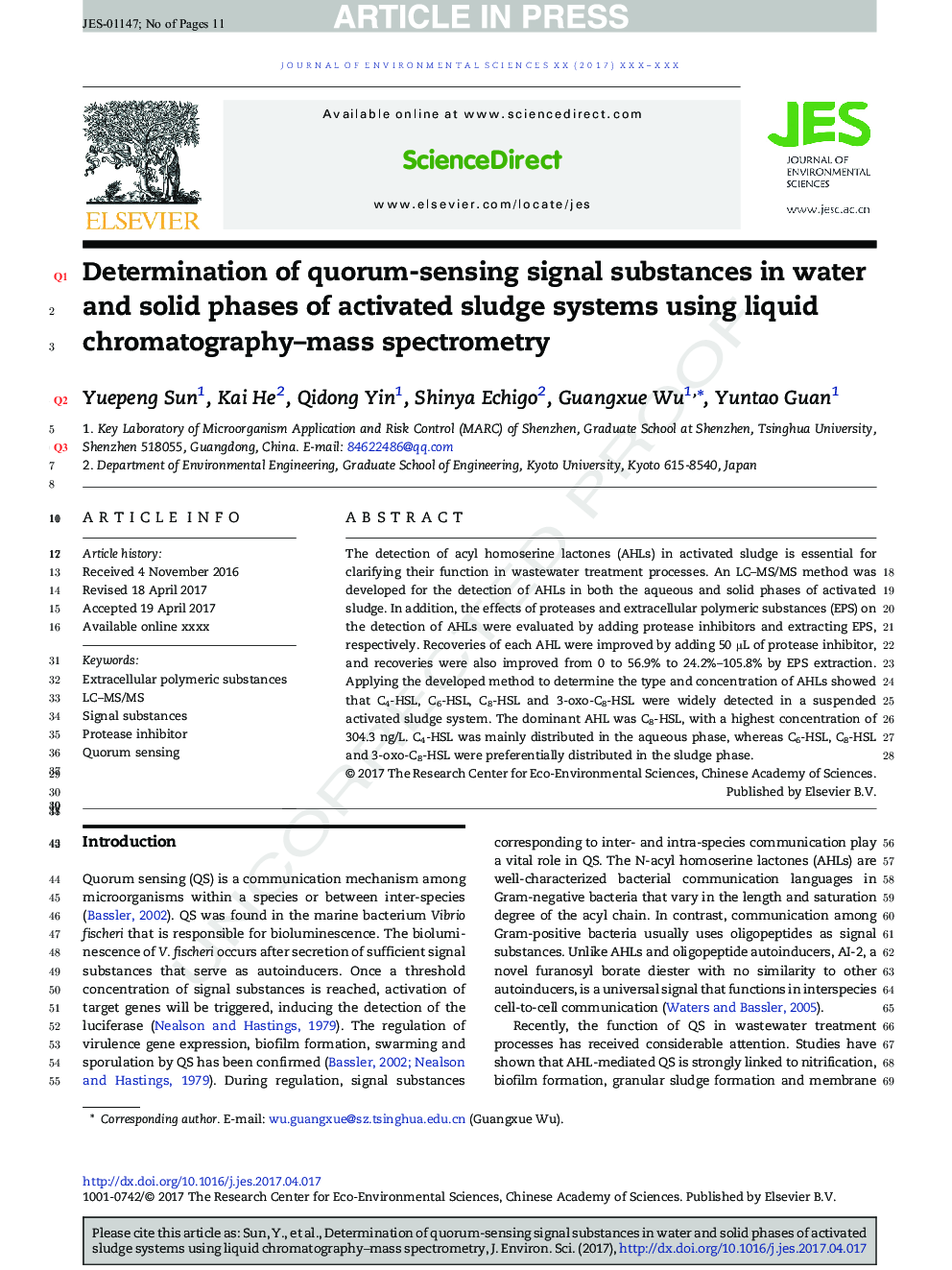 Determination of quorum-sensing signal substances in water and solid phases of activated sludge systems using liquid chromatography-mass spectrometry