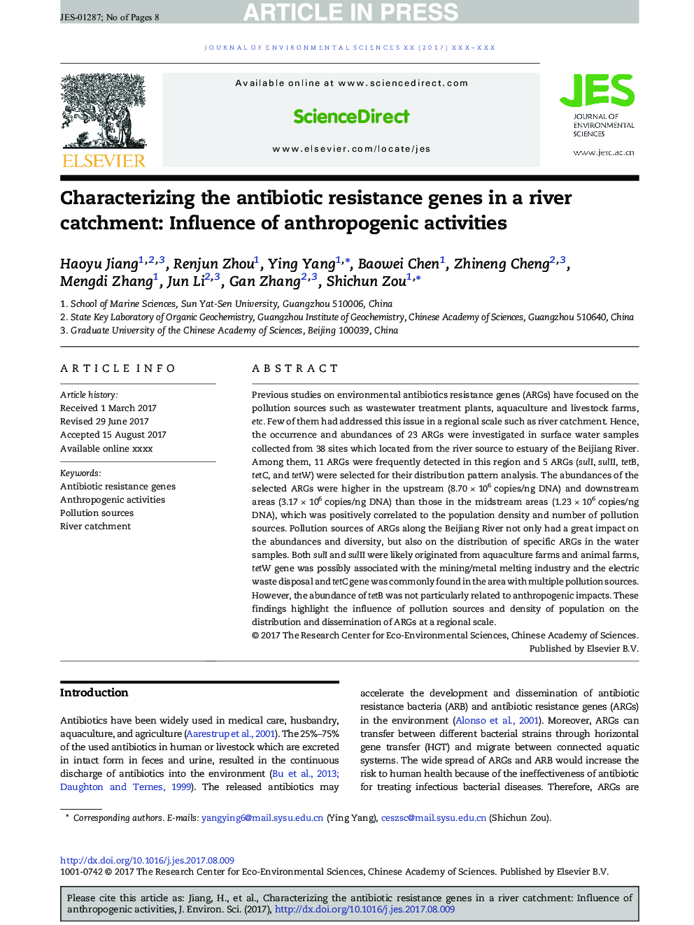 Characterizing the antibiotic resistance genes in a river catchment: Influence of anthropogenic activities
