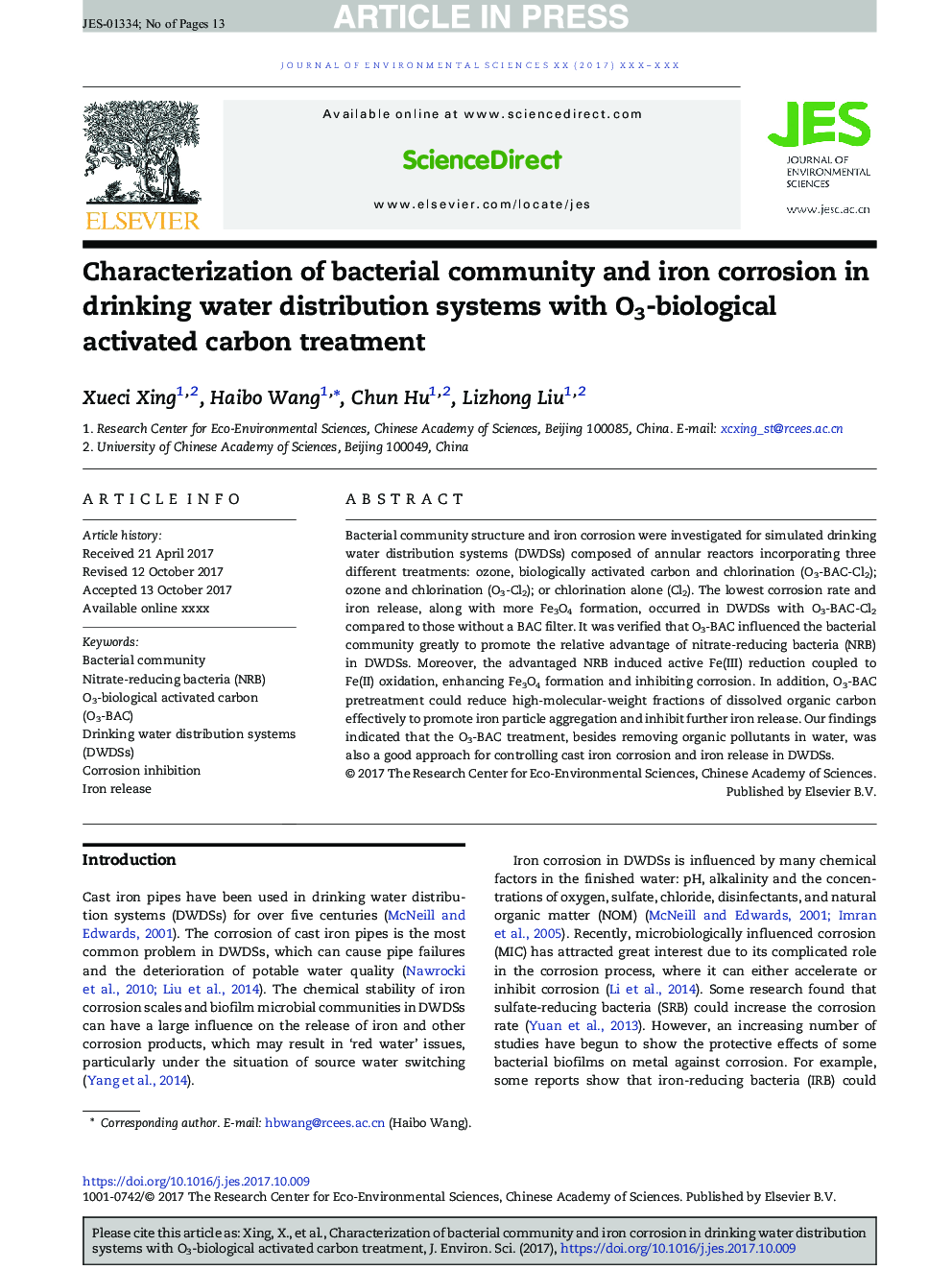 Characterization of bacterial community and iron corrosion in drinking water distribution systems with O3-biological activated carbon treatment