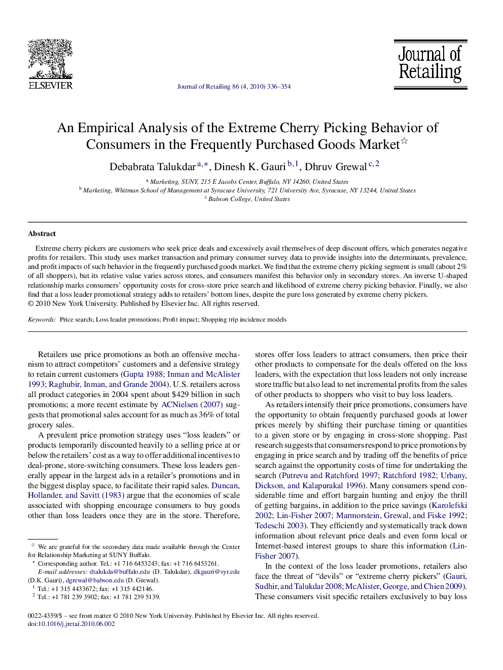 An Empirical Analysis of the Extreme Cherry Picking Behavior of Consumers in the Frequently Purchased Goods Market 