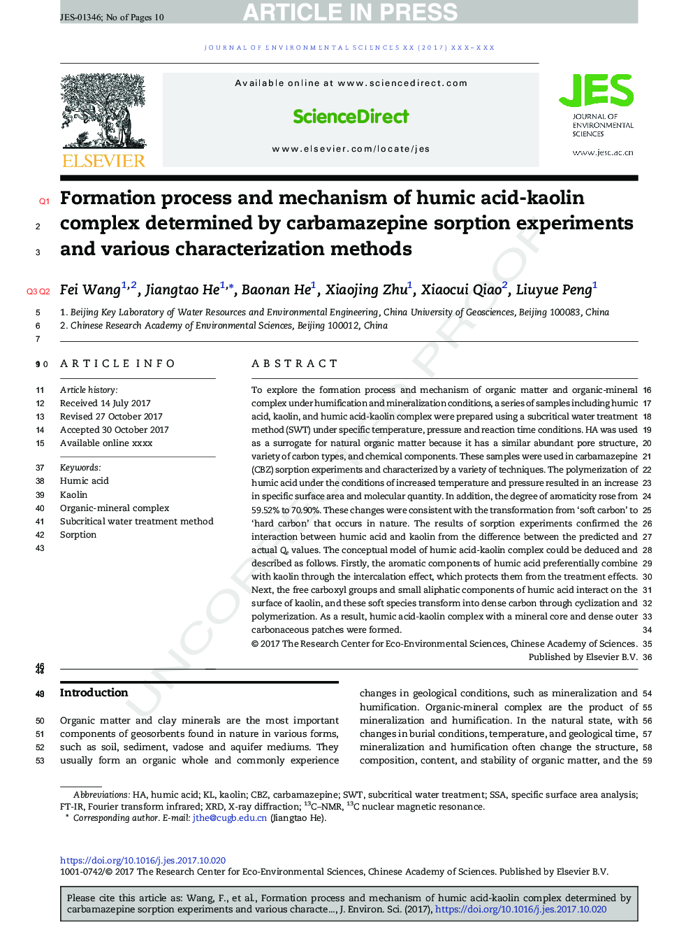 Formation process and mechanism of humic acid-kaolin complex determined by carbamazepine sorption experiments and various characterization methods