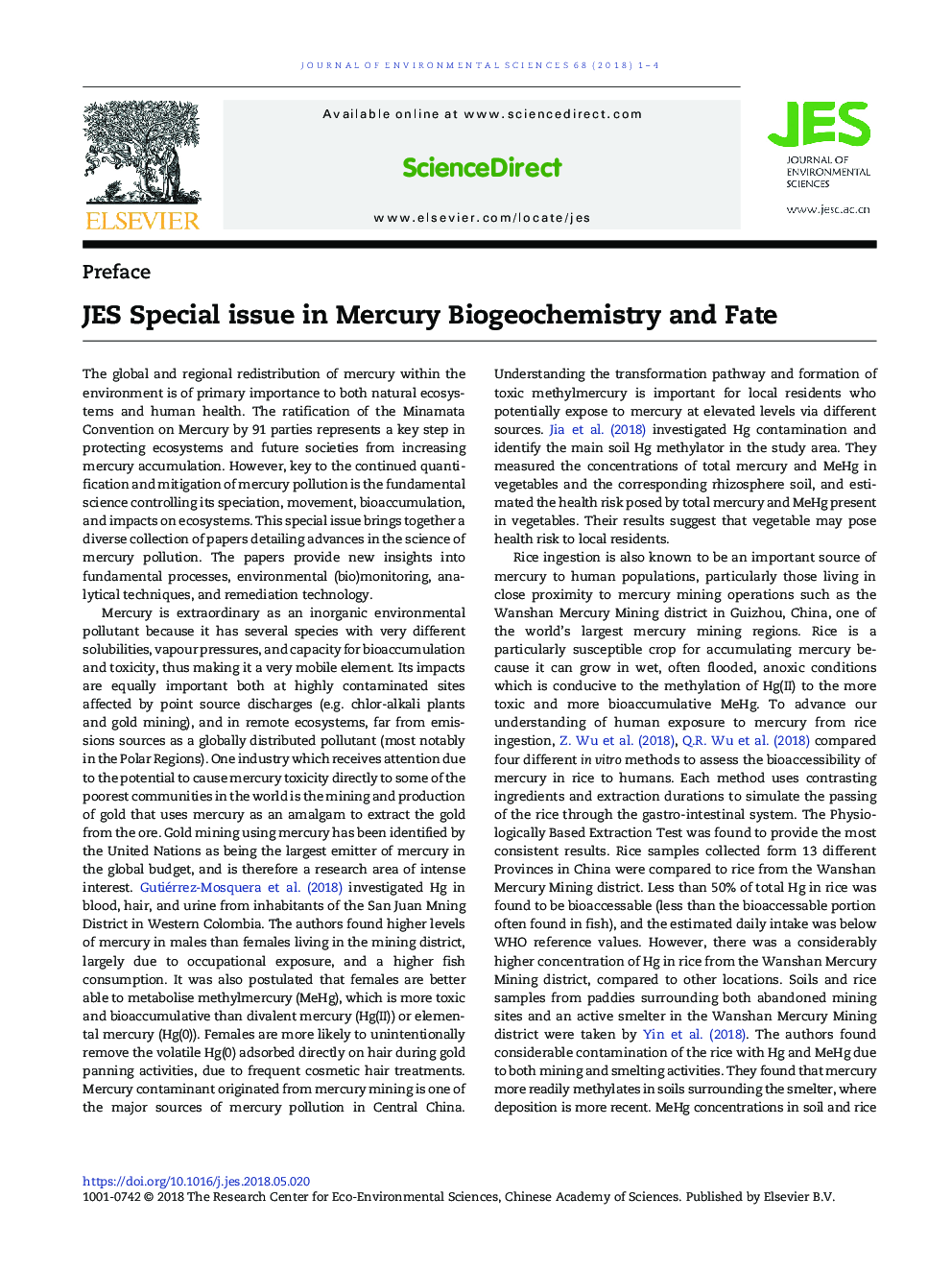 JES Special issue in Mercury Biogeochemistry and Fate
