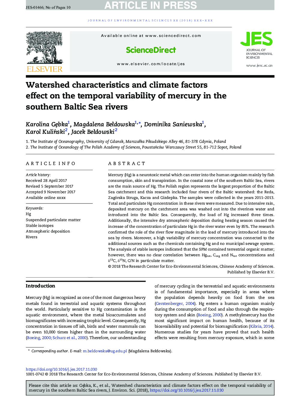 Watershed characteristics and climate factors effect on the temporal variability of mercury in the southern Baltic Sea rivers