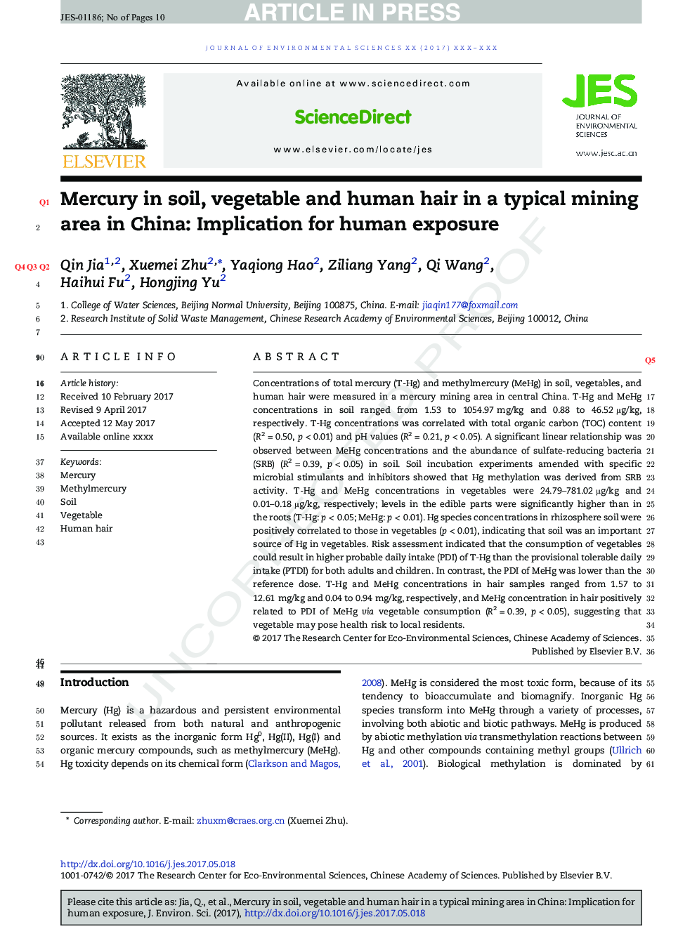 Mercury in soil, vegetable and human hair in a typical mining area in China: Implication for human exposure