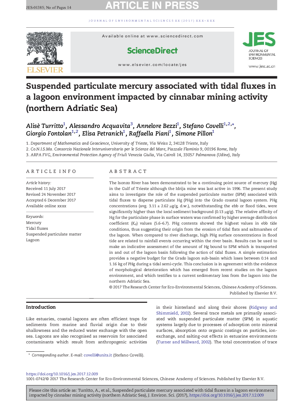 Suspended particulate mercury associated with tidal fluxes in a lagoon environment impacted by cinnabar mining activity (northern Adriatic Sea)