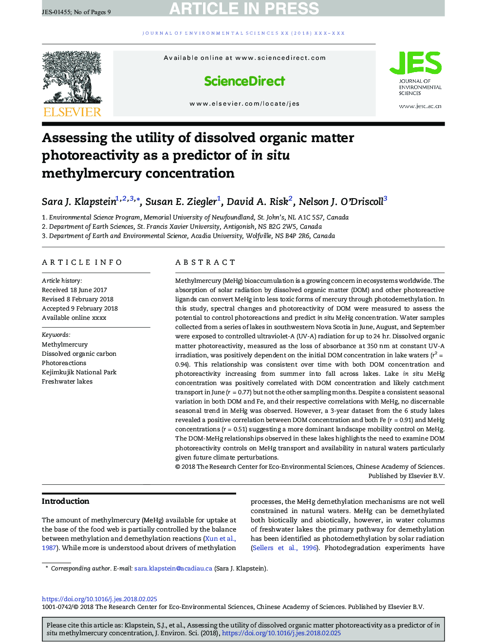 Assessing the utility of dissolved organic matter photoreactivity as a predictor of in situ methylmercury concentration