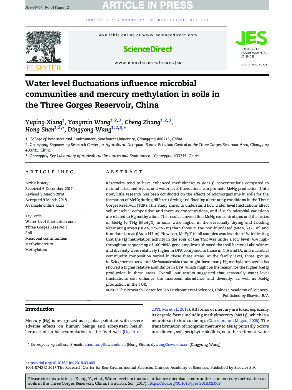 نوسانات سطح آب بر جوامع میکروبی و متیلاسیون جیوه در خاک های موجود در سه مخزن گران، چین 