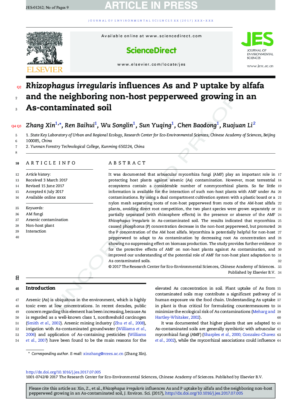 Rhizophagus irregularis influences As and P uptake by alfafa and the neighboring non-host pepperweed growing in an As-contaminated soil