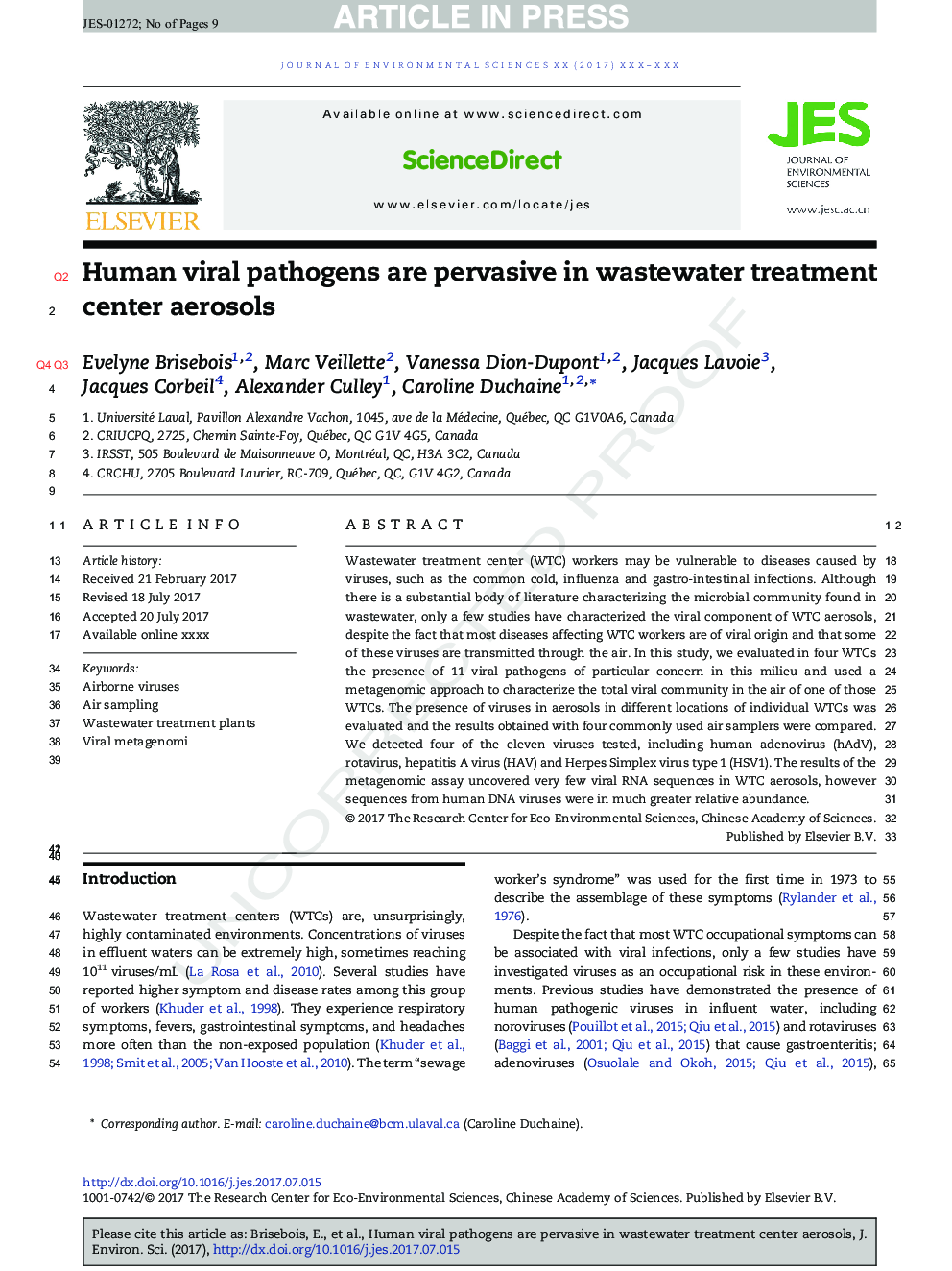 Human viral pathogens are pervasive in wastewater treatment center aerosols