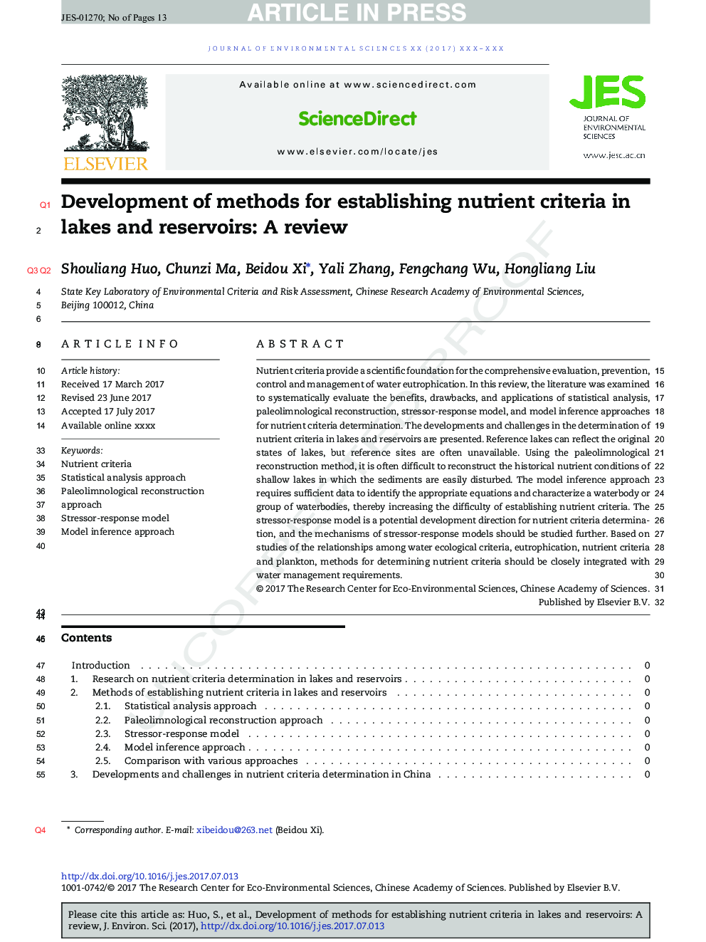 Development of methods for establishing nutrient criteria in lakes and reservoirs: A review