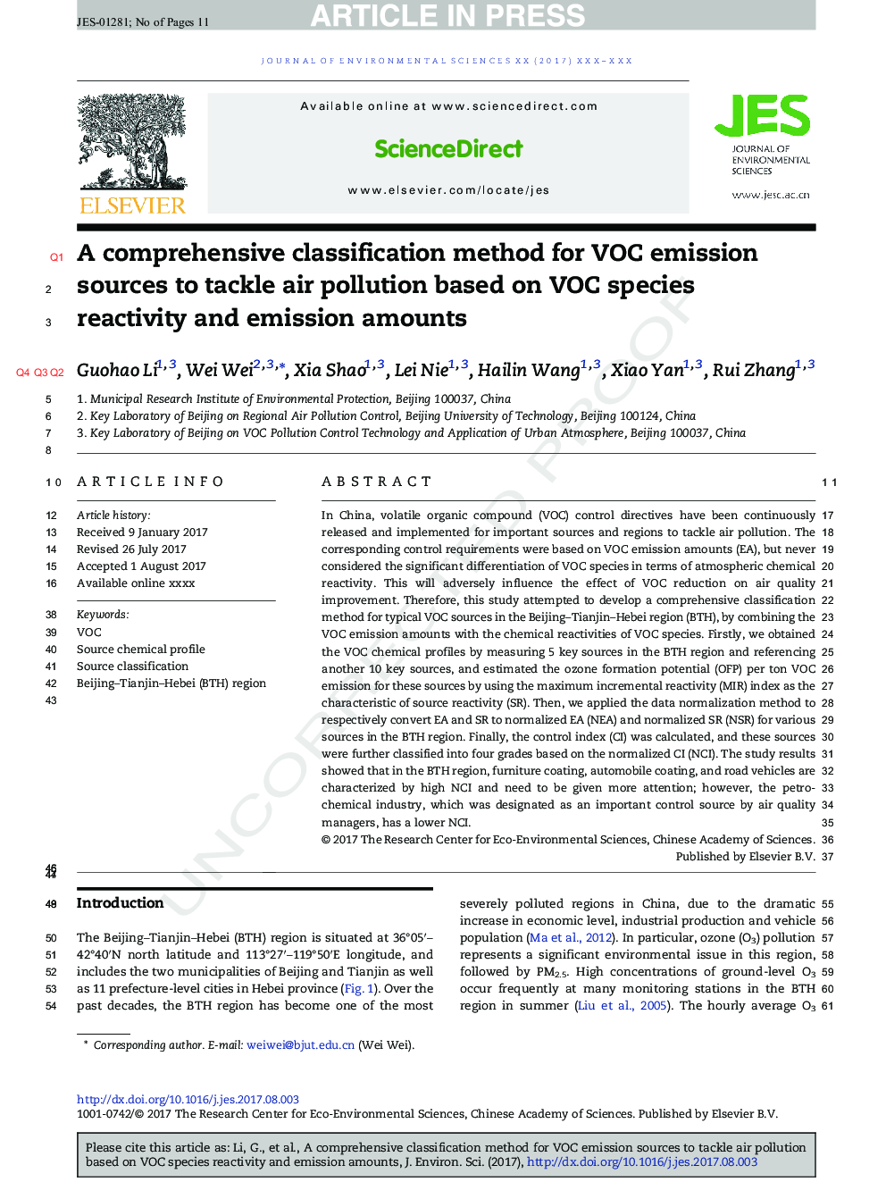 A comprehensive classification method for VOC emission sources to tackle air pollution based on VOC species reactivity and emission amounts