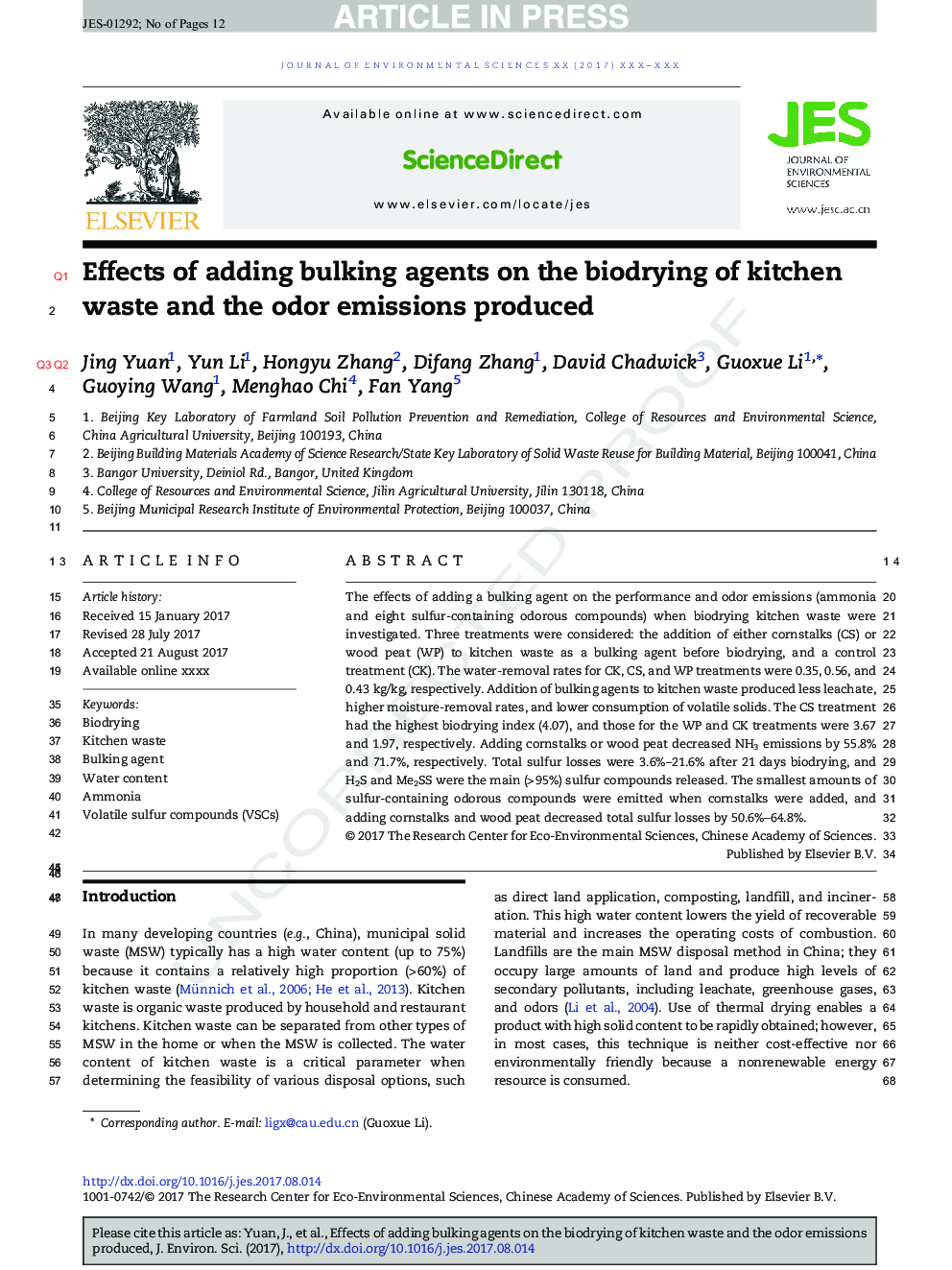 Effects of adding bulking agents on the biodrying of kitchen waste and the odor emissions produced