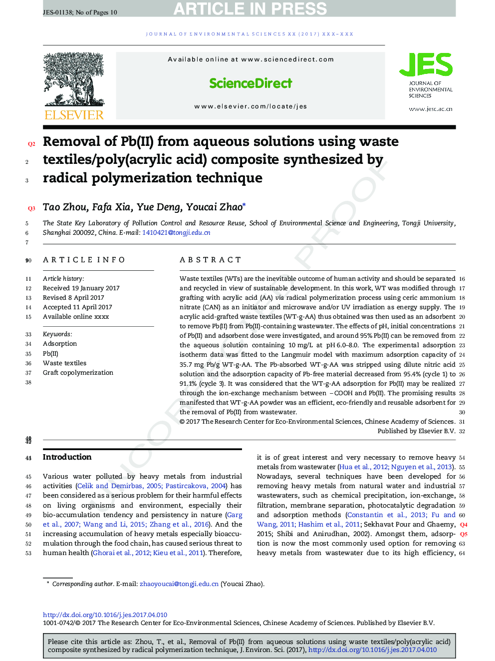 Removal of Pb(II) from aqueous solutions using waste textiles/poly(acrylic acid) composite synthesized by radical polymerization technique