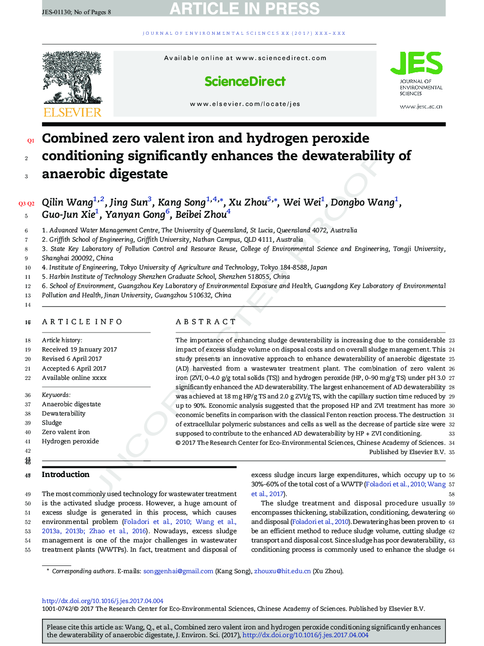 Combined zero valent iron and hydrogen peroxide conditioning significantly enhances the dewaterability of anaerobic digestate