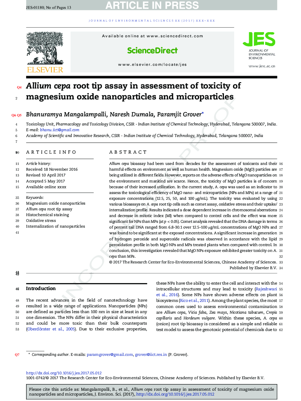 Allium cepa root tip assay in assessment of toxicity of magnesium oxide nanoparticles and microparticles