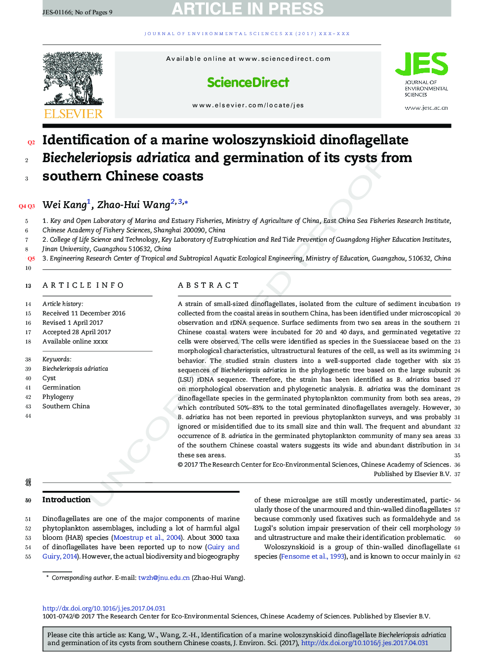 Identification of a marine woloszynskioid dinoflagellate Biecheleriopsis adriatica and germination of its cysts from southern Chinese coasts