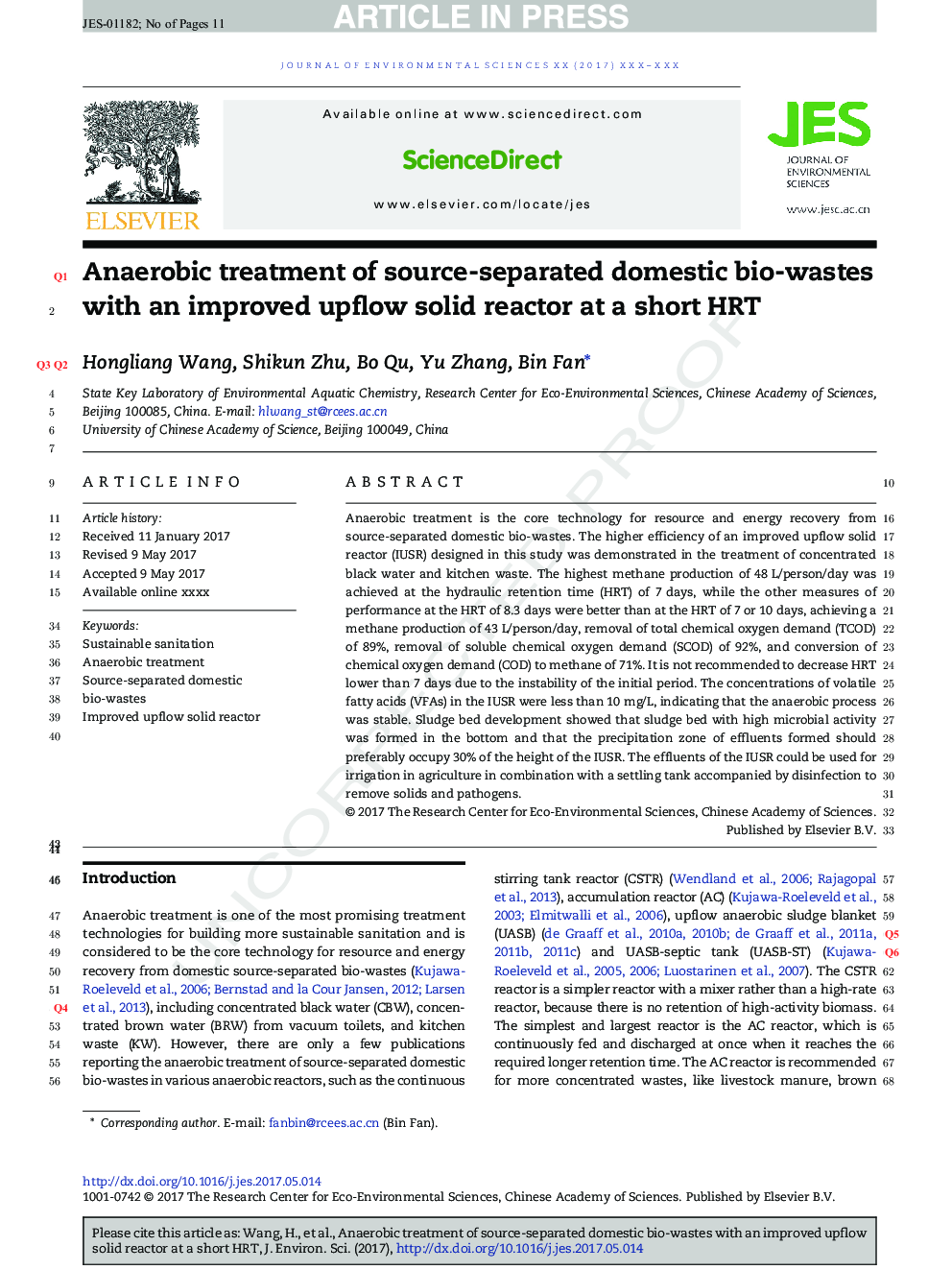 Anaerobic treatment of source-separated domestic bio-wastes with an improved upflow solid reactor at a short HRT