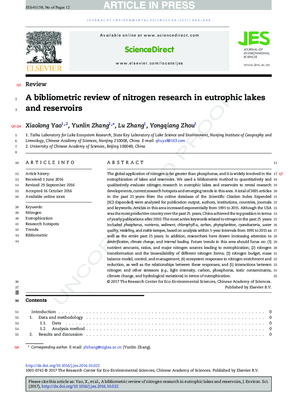 A bibliometric review of nitrogen research in eutrophic lakes and reservoirs