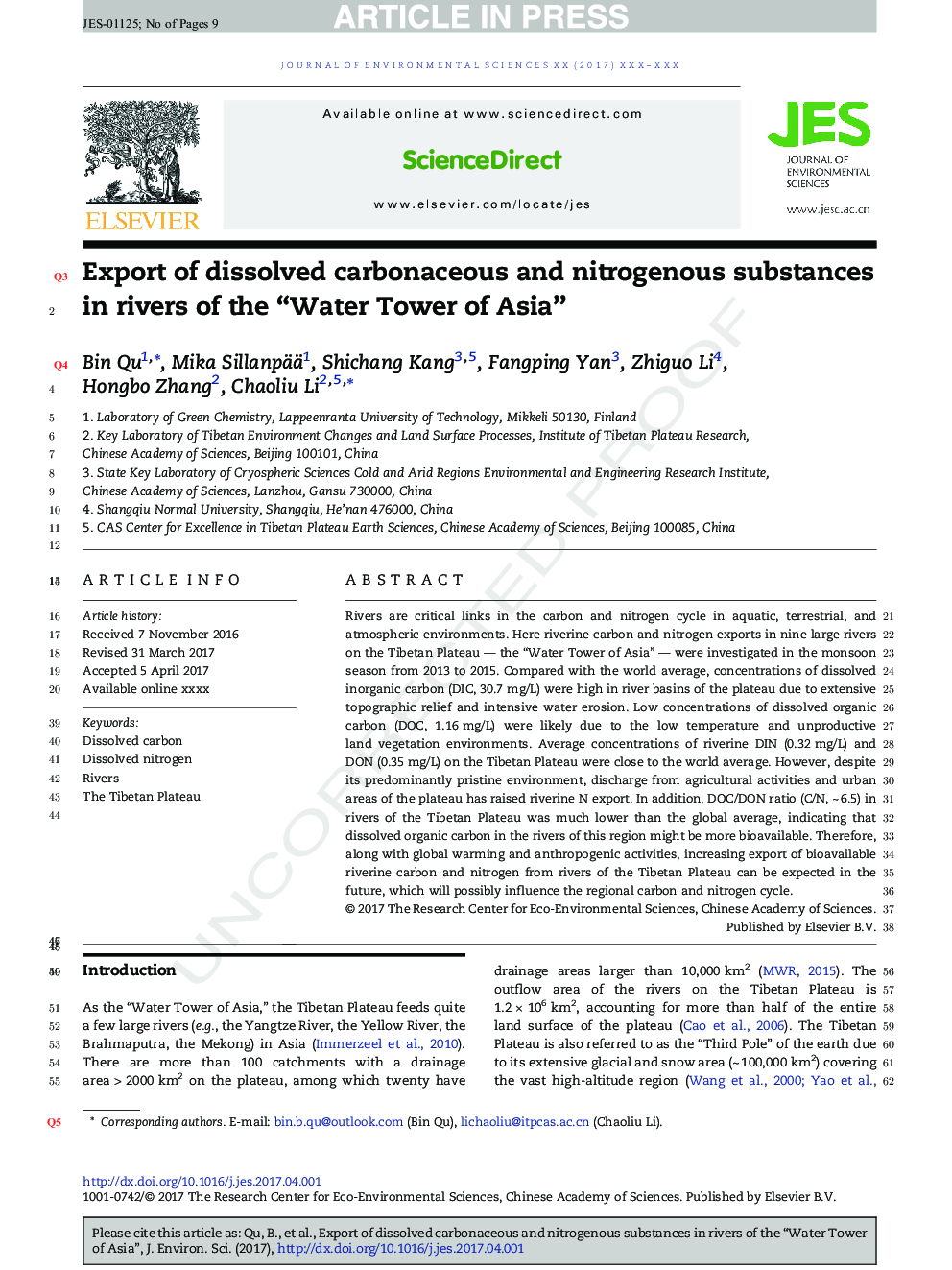 Export of dissolved carbonaceous and nitrogenous substances in rivers of the “Water Tower of Asia”