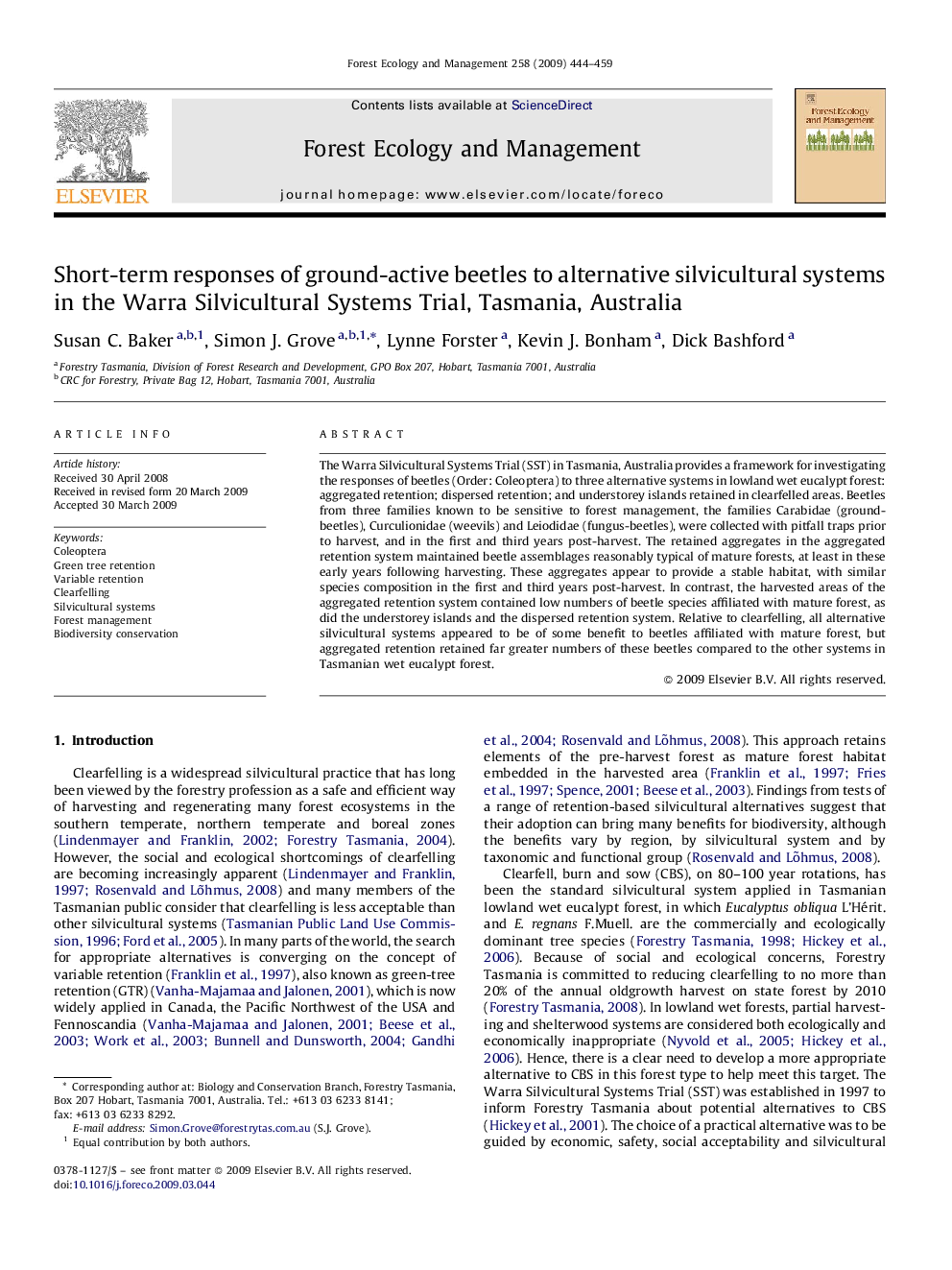 Short-term responses of ground-active beetles to alternative silvicultural systems in the Warra Silvicultural Systems Trial, Tasmania, Australia