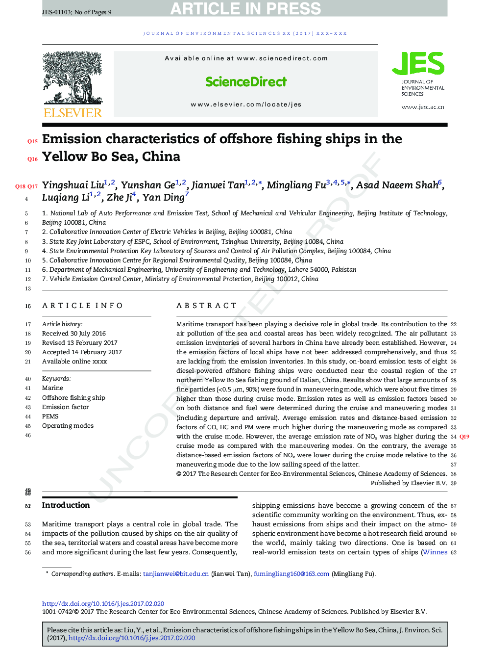 Emission characteristics of offshore fishing ships in the Yellow Bo Sea, China