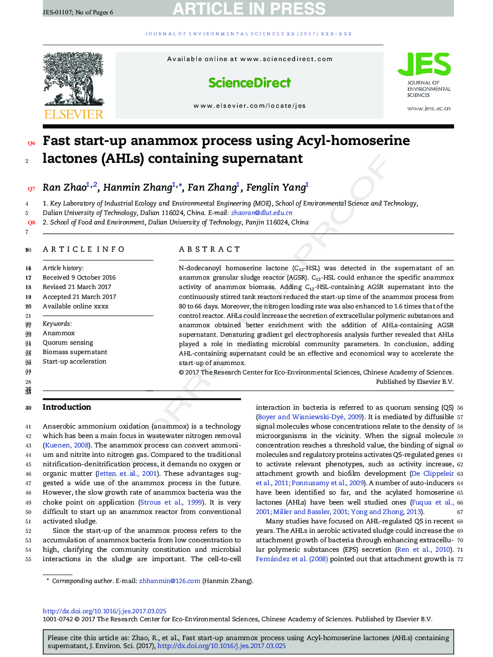 Fast start-up anammox process using Acyl-homoserine lactones (AHLs) containing supernatant