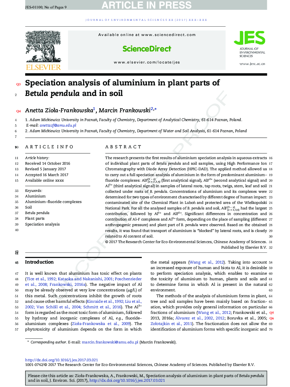 Speciation analysis of aluminium in plant parts of Betula pendula and in soil