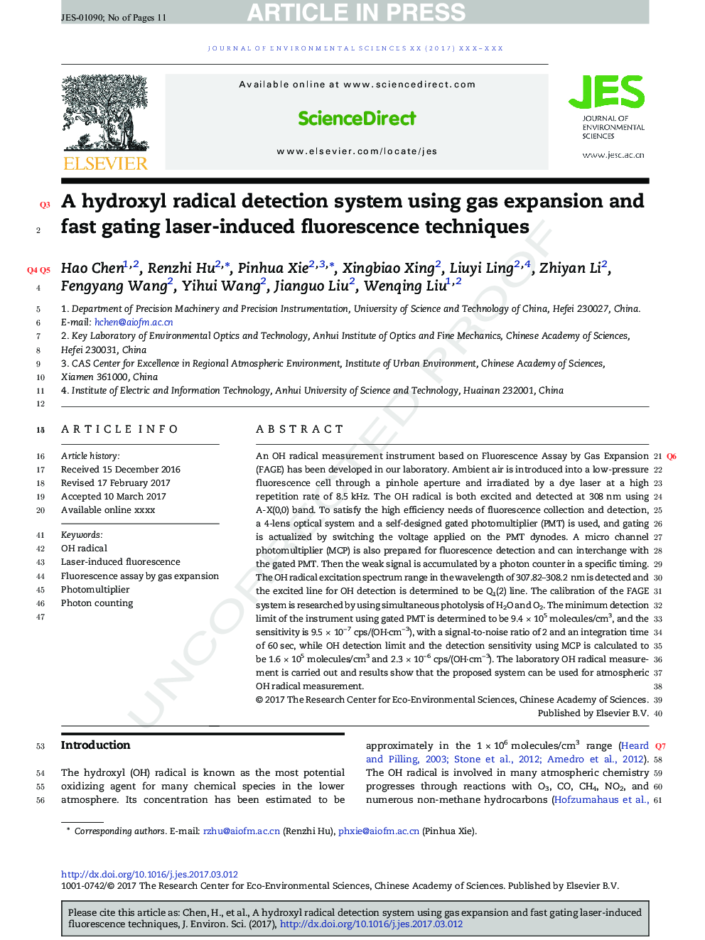 A hydroxyl radical detection system using gas expansion and fast gating laser-induced fluorescence techniques