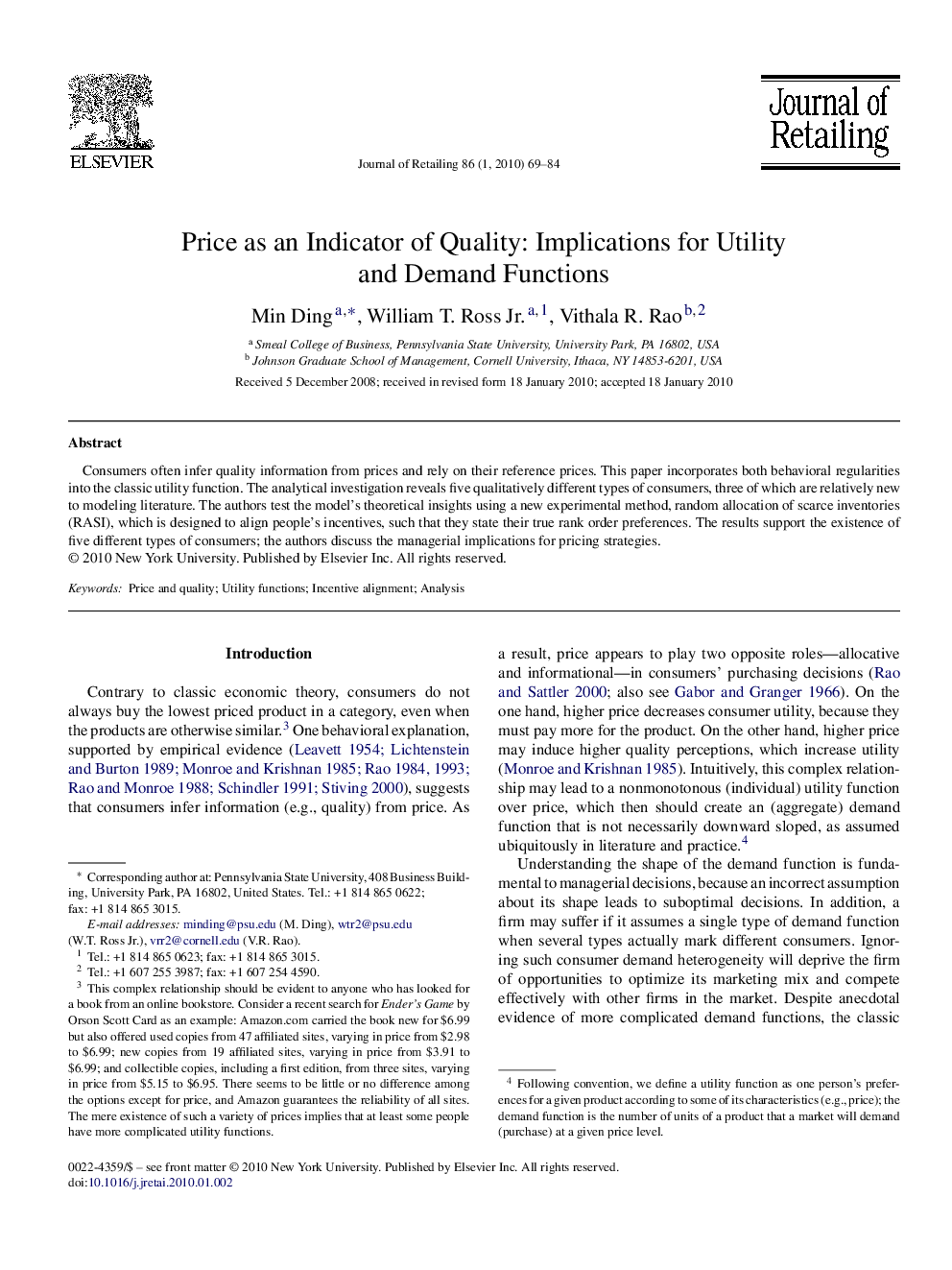 Price as an Indicator of Quality: Implications for Utility and Demand Functions