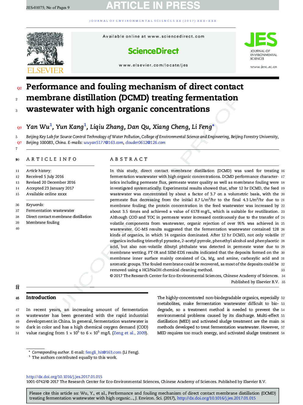 عکس صفحه اول مقاله: Performance and fouling mechanism of direct contact membrane distillation (DCMD) treating fermentation wastewater with high organic concentrations Performance and fouling mechanism of direct contact membrane distillation (DCMD) treating fermentation wastewater with high organic concentrations