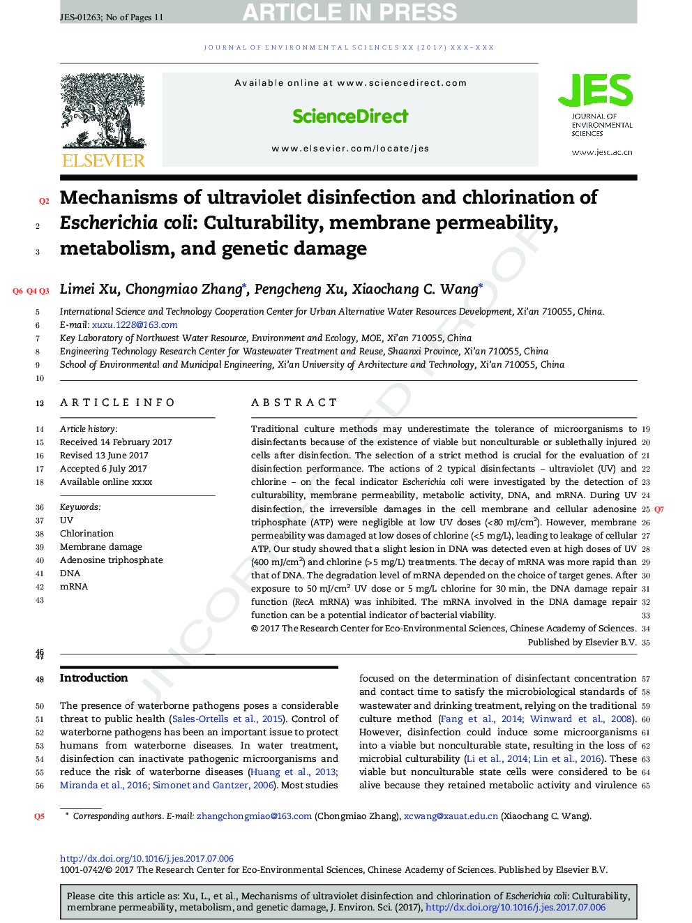 Mechanisms of ultraviolet disinfection and chlorination of Escherichia coli: Culturability, membrane permeability, metabolism, and genetic damage