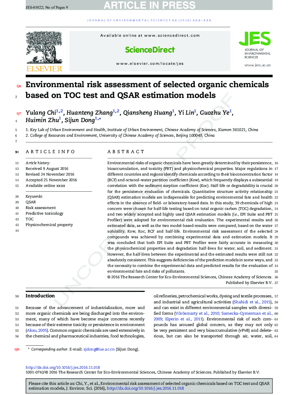 Environmental risk assessment of selected organic chemicals based on TOC test and QSAR estimation models