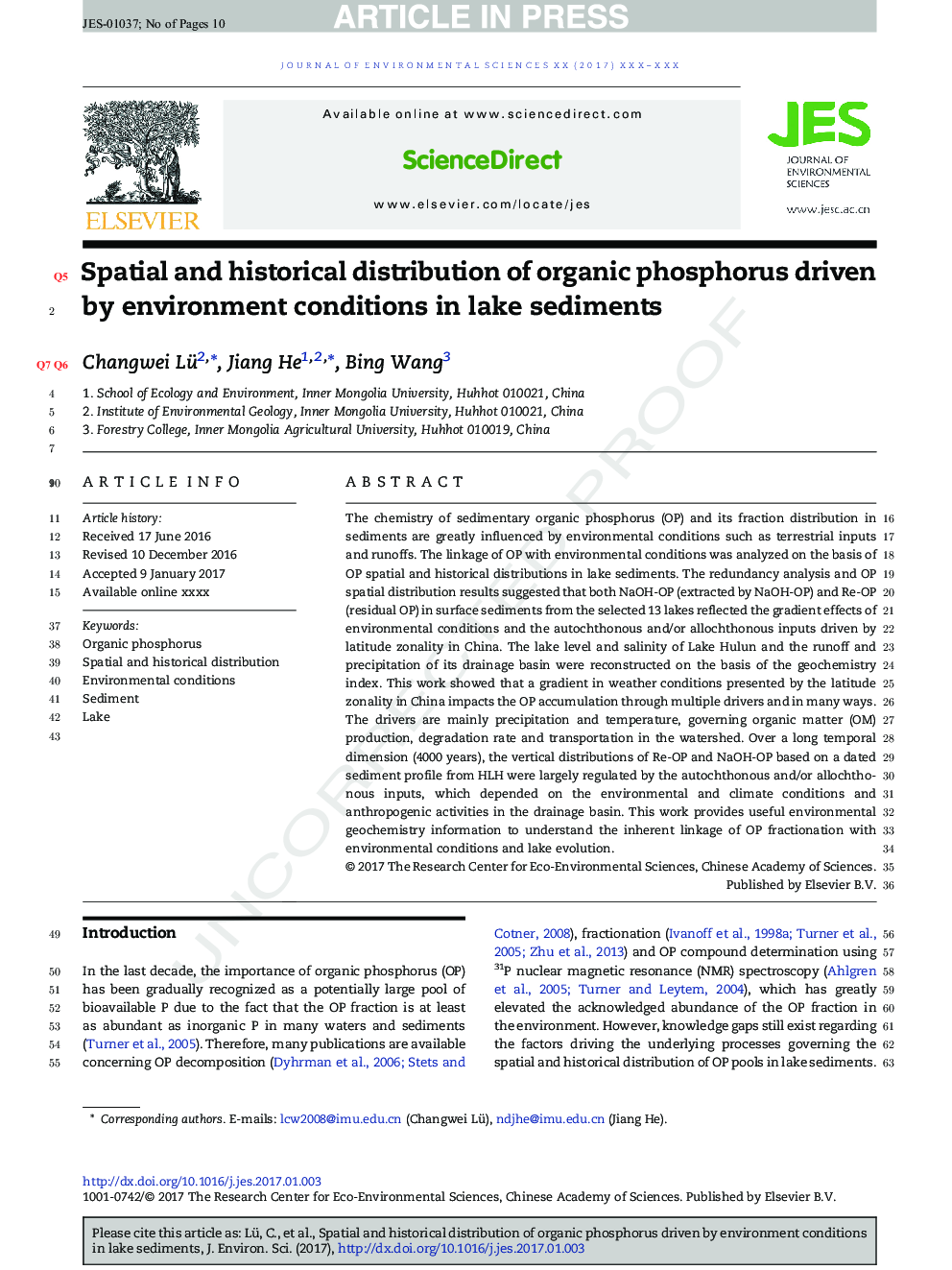 Spatial and historical distribution of organic phosphorus driven by environment conditions in lake sediments