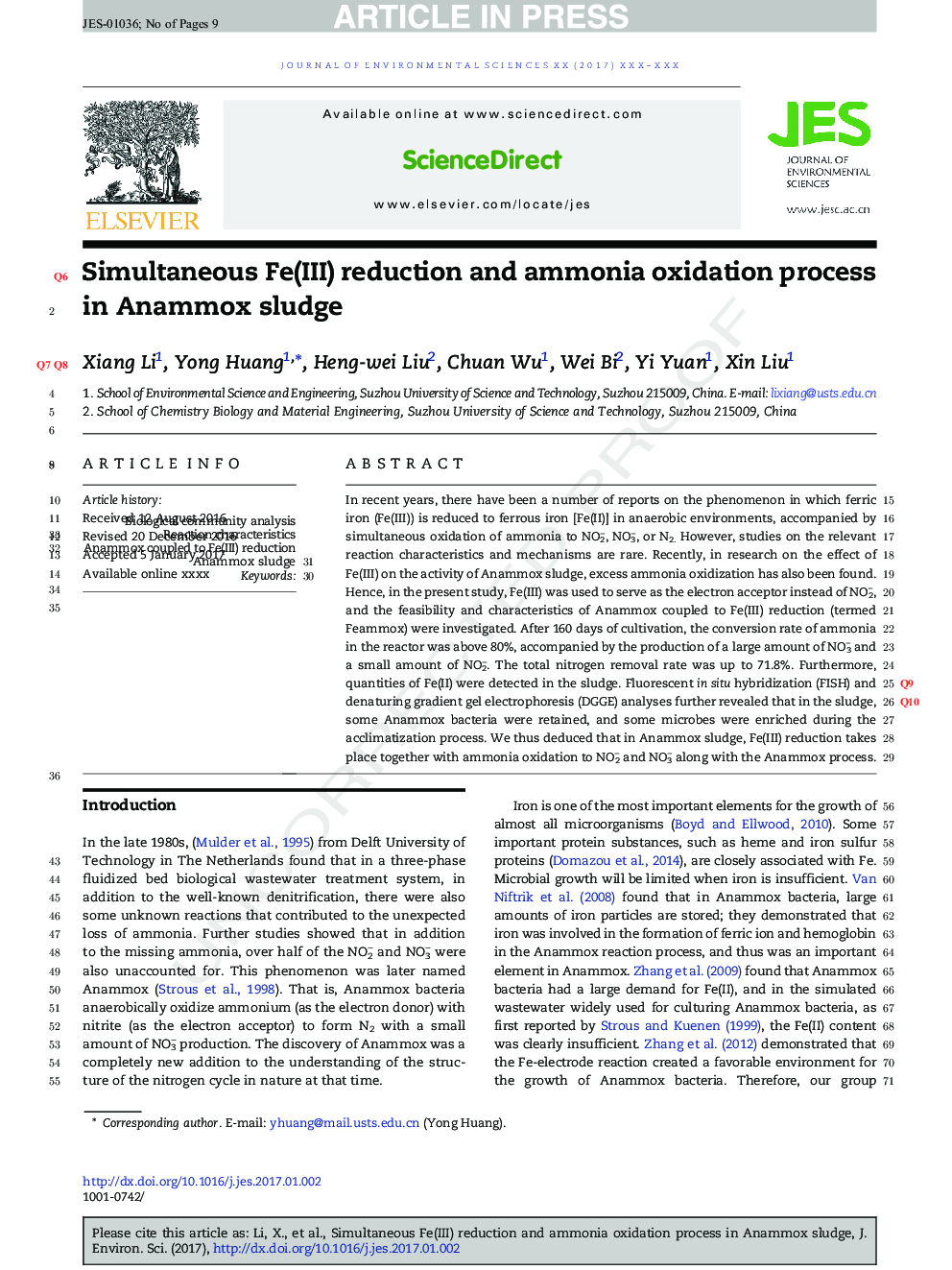 عکس صفحه اول مقاله: Simultaneous Fe(III) reduction and ammonia oxidation process in Anammox sludge Simultaneous Fe(III) reduction and ammonia oxidation process in Anammox sludge