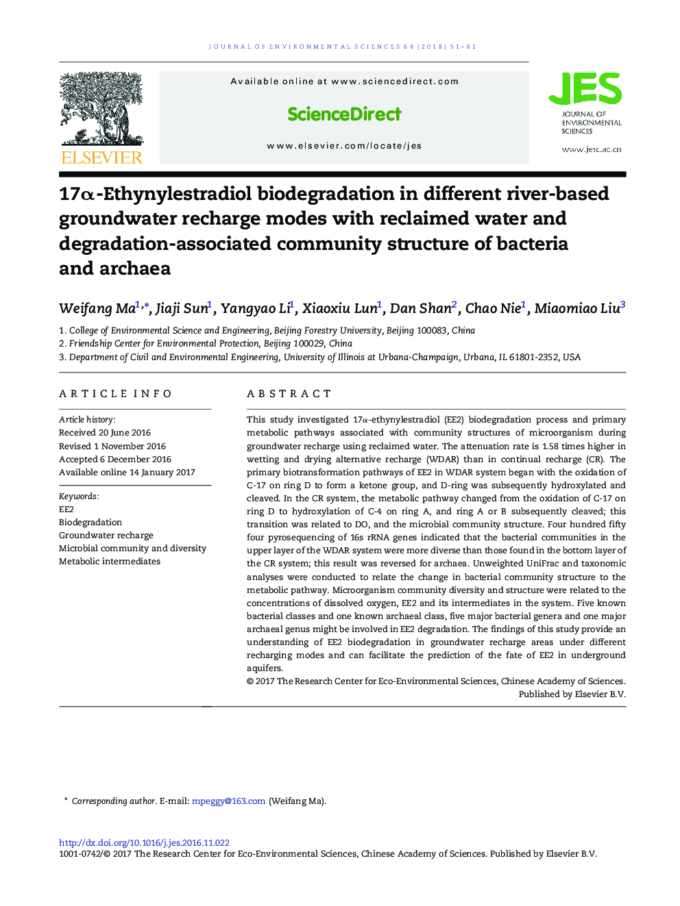 17Î±-Ethynylestradiol biodegradation in different river-based groundwater recharge modes with reclaimed water and degradation-associated community structure of bacteria and archaea