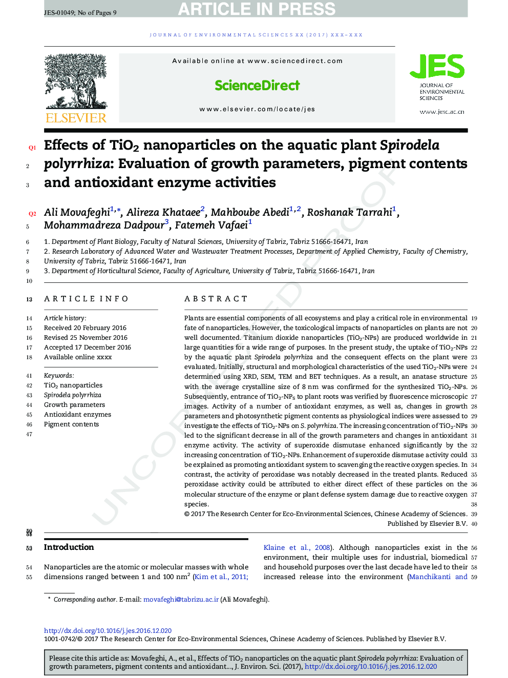 Effects of TiO2 nanoparticles on the aquatic plant Spirodela polyrrhiza: Evaluation of growth parameters, pigment contents and antioxidant enzyme activities