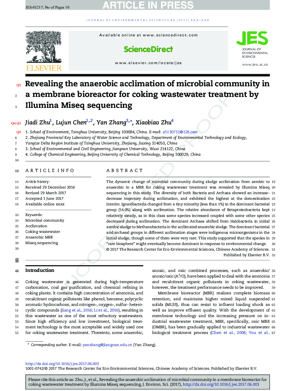 Revealing the anaerobic acclimation of microbial community in a membrane bioreactor for coking wastewater treatment by Illumina Miseq sequencing