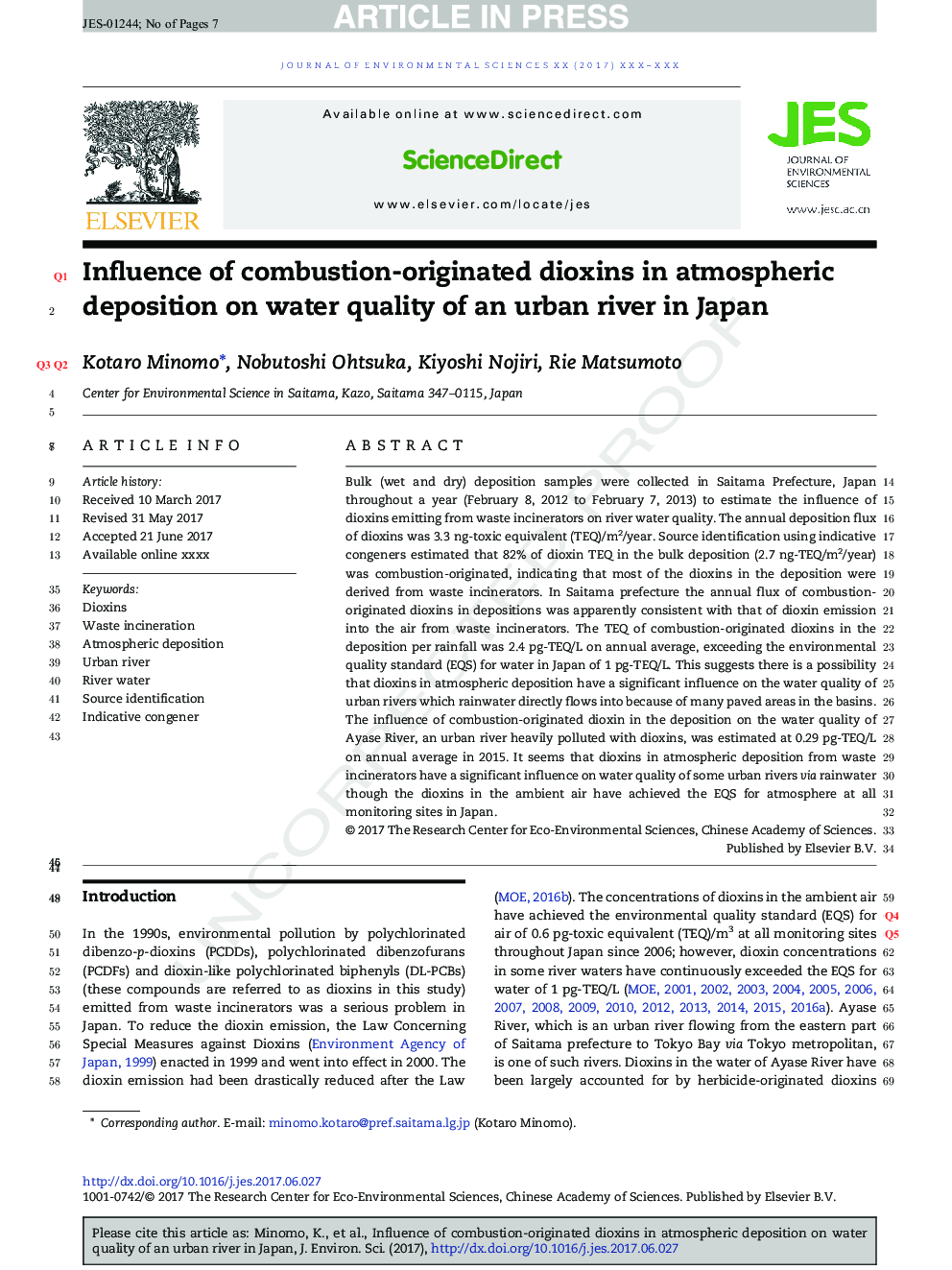 تأثیر دیاکسین های احیا کننده منجر به رسوب جو در کیفیت آب یک رودخانه شهری در ژاپن 