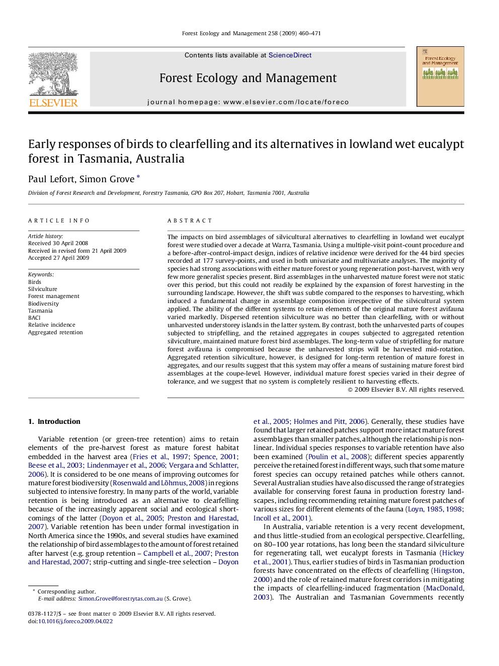 Early responses of birds to clearfelling and its alternatives in lowland wet eucalypt forest in Tasmania, Australia