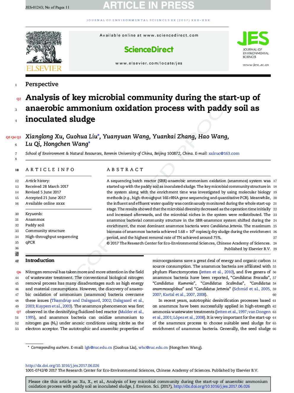 Analysis of key microbial community during the start-up of anaerobic ammonium oxidation process with paddy soil as inoculated sludge