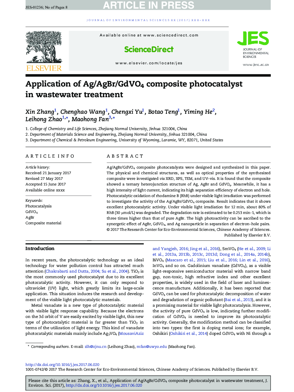 Application of Ag/AgBr/GdVO4 composite photocatalyst in wastewater treatment