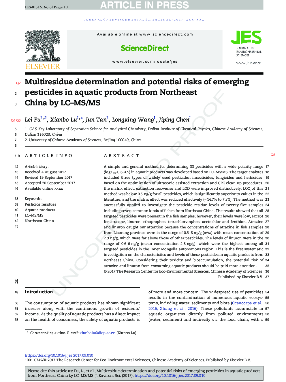 Multiresidue determination and potential risks of emerging pesticides in aquatic products from Northeast China by LC-MS/MS