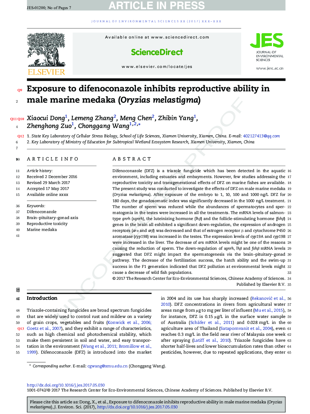 Exposure to difenoconazole inhibits reproductive ability in male marine medaka (Oryzias melastigma)