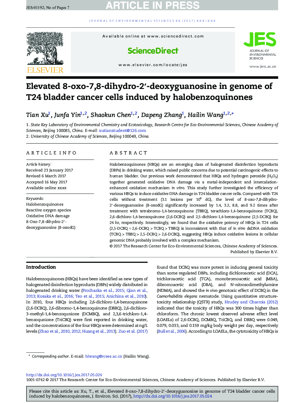 Elevated 8-oxo-7,8-dihydro-2â²-deoxyguanosine in genome of T24 bladder cancer cells induced by halobenzoquinones