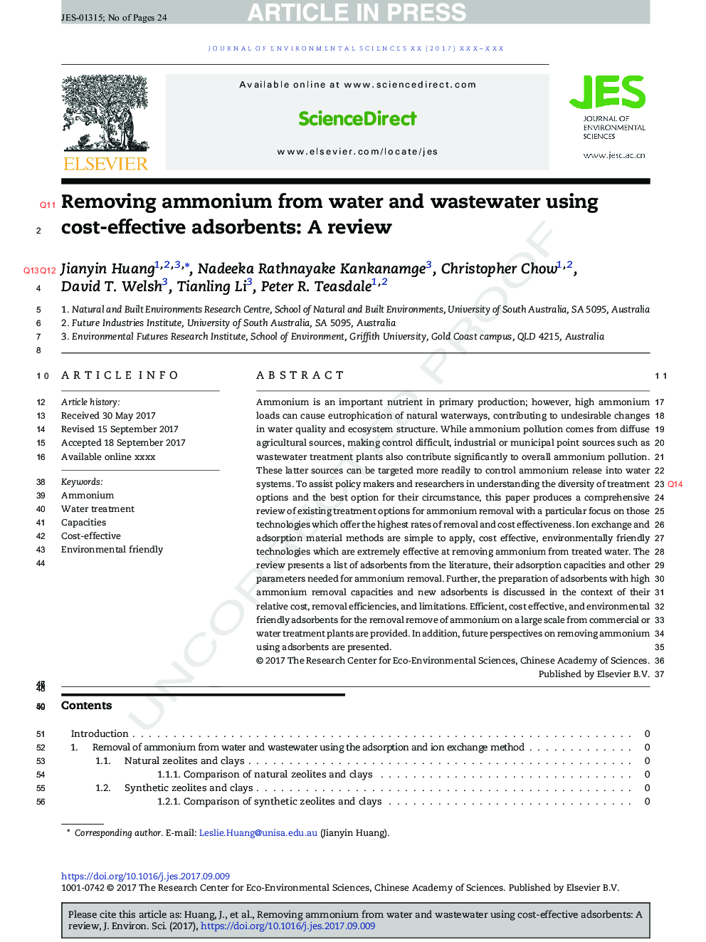 Removing ammonium from water and wastewater using cost-effective adsorbents: A review