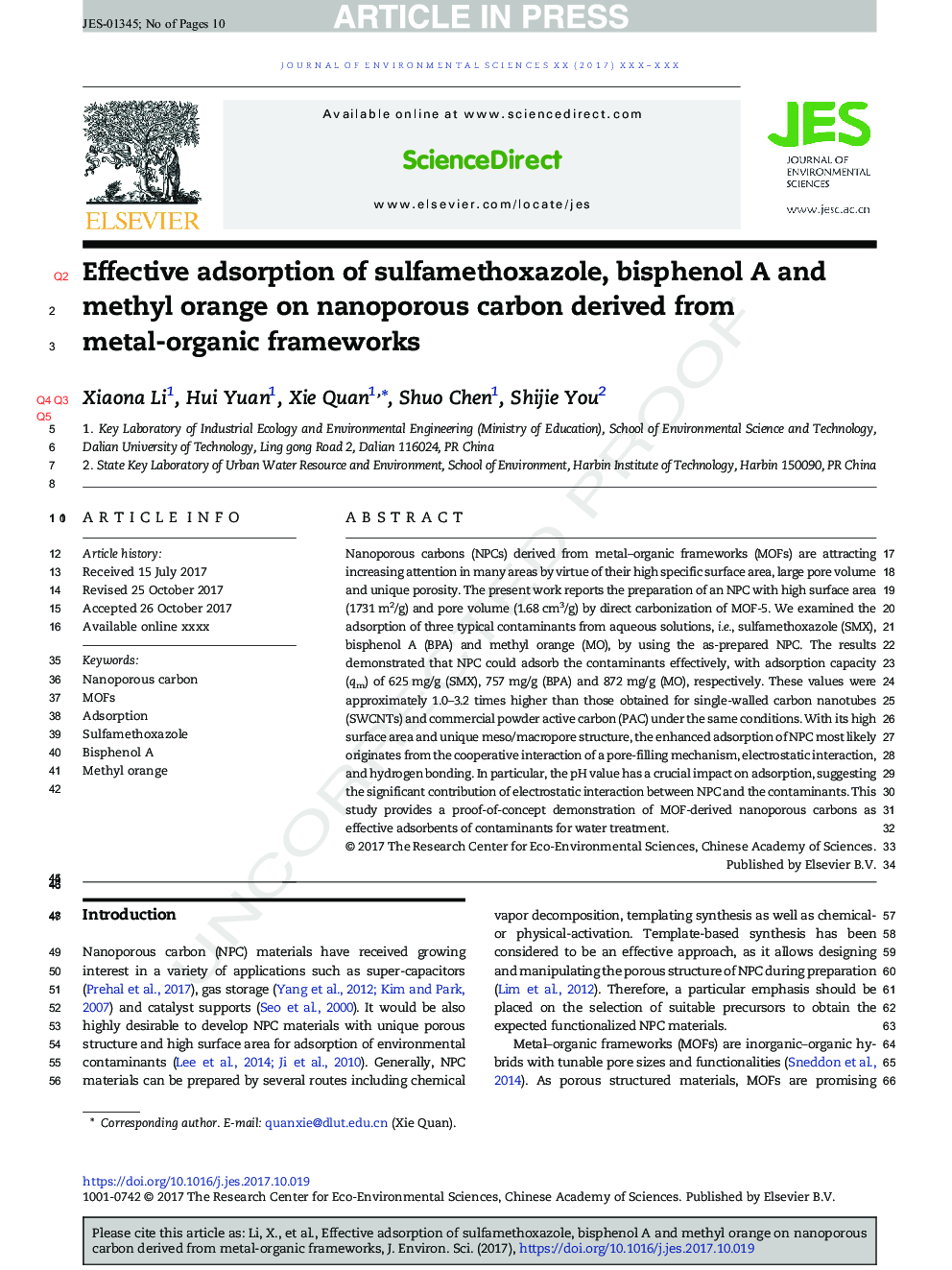 Effective adsorption of sulfamethoxazole, bisphenol A and methyl orange on nanoporous carbon derived from metal-organic frameworks