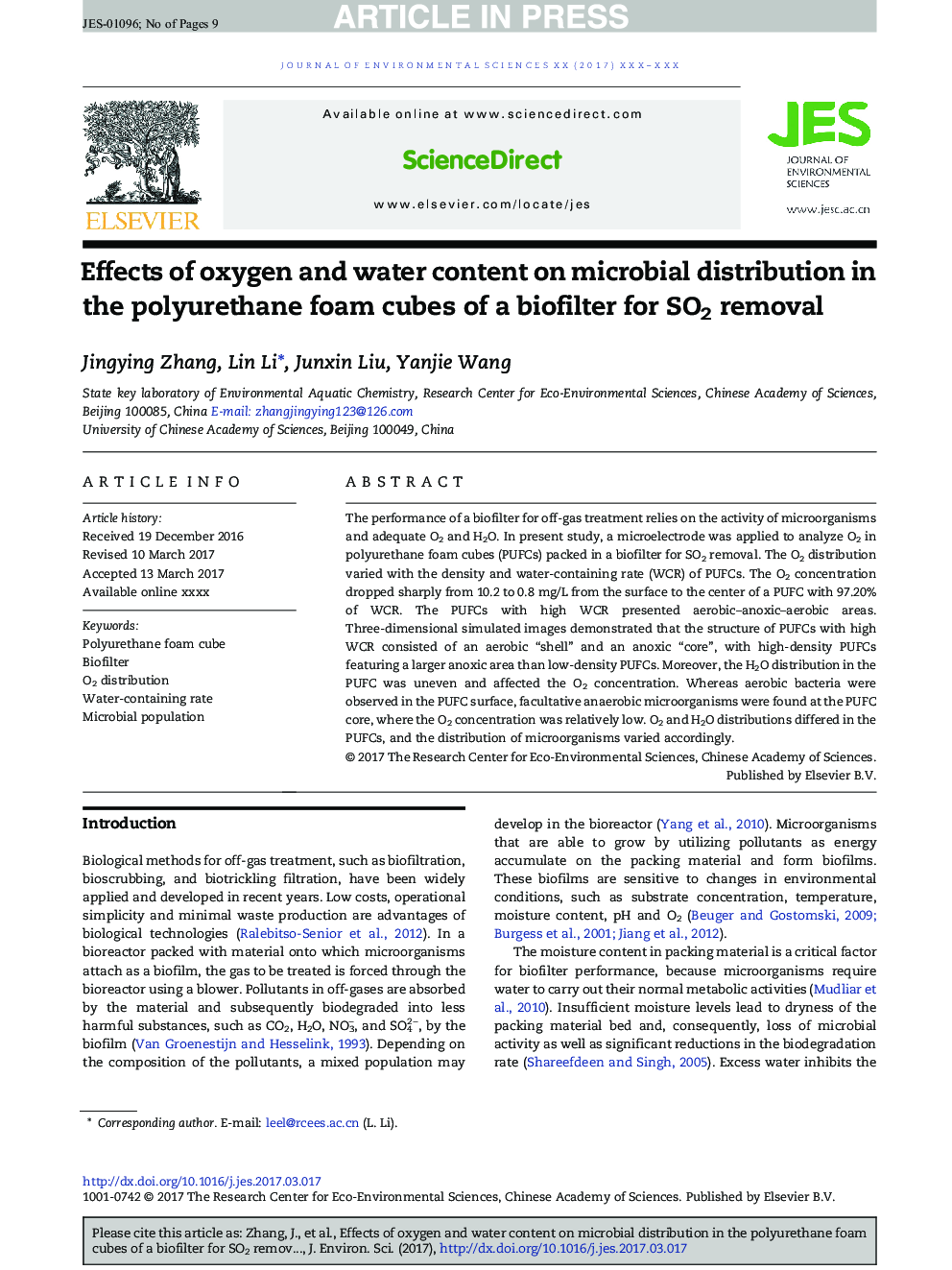 Effects of oxygen and water content on microbial distribution in the polyurethane foam cubes of a biofilter for SO2 removal