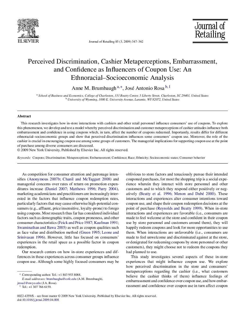 Perceived Discrimination, Cashier Metaperceptions, Embarrassment, and Confidence as Influencers of Coupon Use: An Ethnoracial–Socioeconomic Analysis