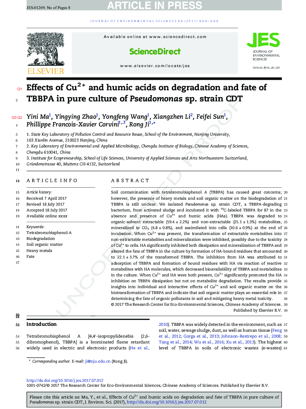 Effects of Cu2Â + and humic acids on degradation and fate of TBBPA in pure culture of Pseudomonas sp. strain CDT