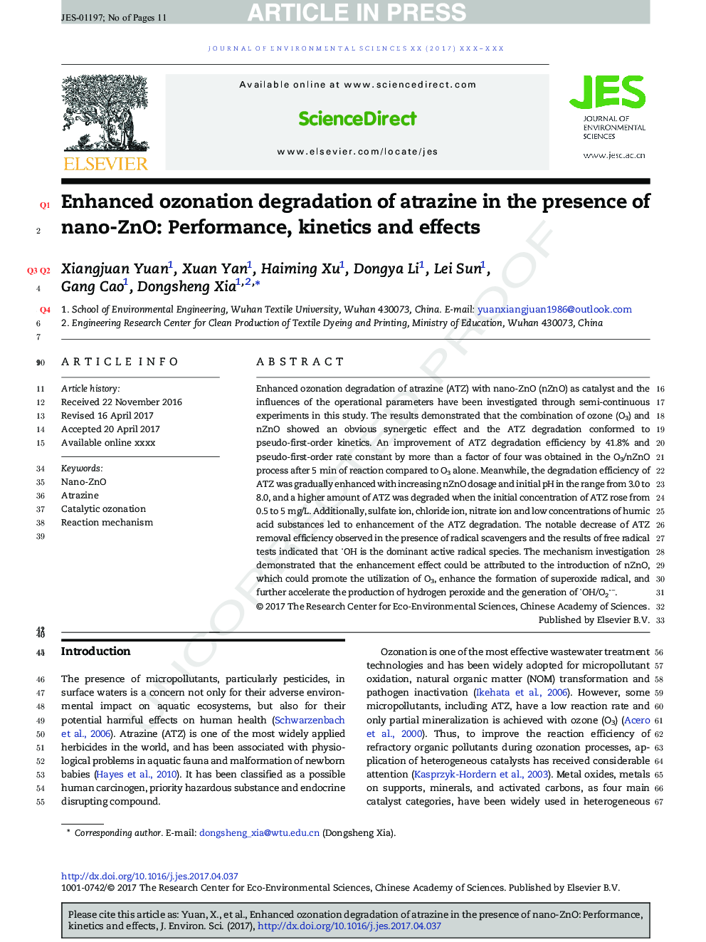 Enhanced ozonation degradation of atrazine in the presence of nano-ZnO: Performance, kinetics and effects